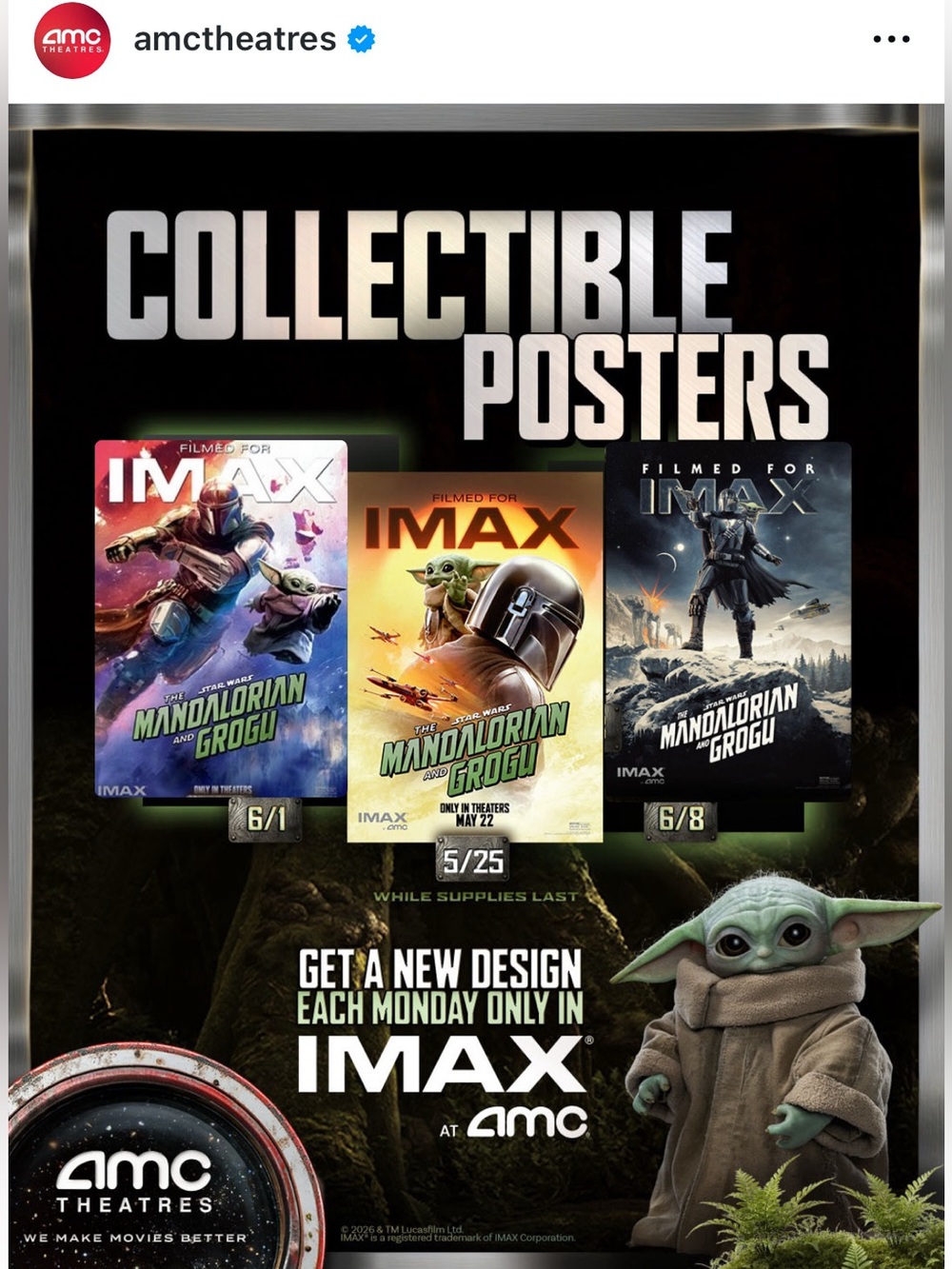 Limited Edition StarWars The Mandalorian and Grogu Collectible AMC Posters 3/3